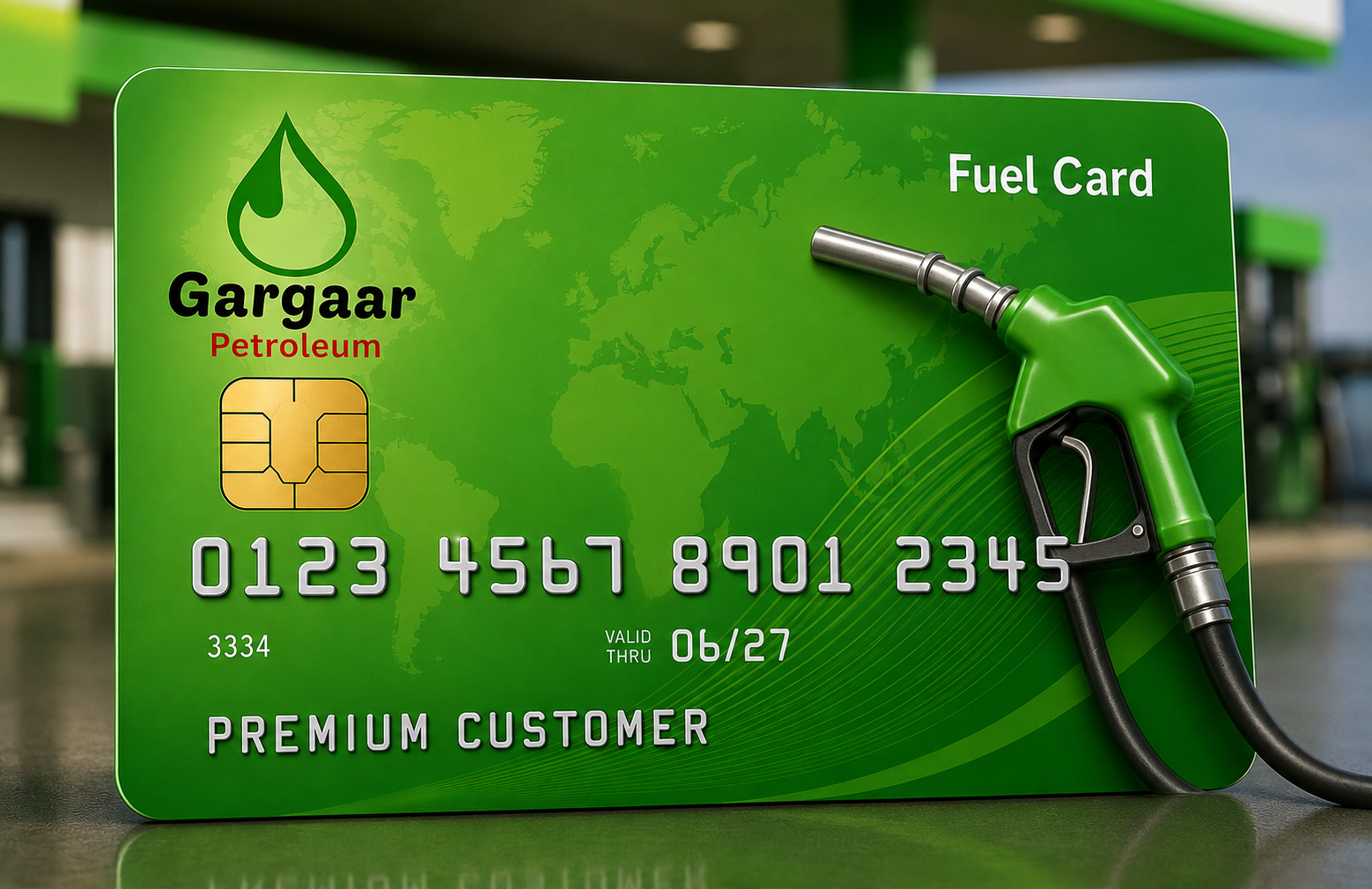 Gargaar Petroleum Fuel Card beside a fuel nozzle